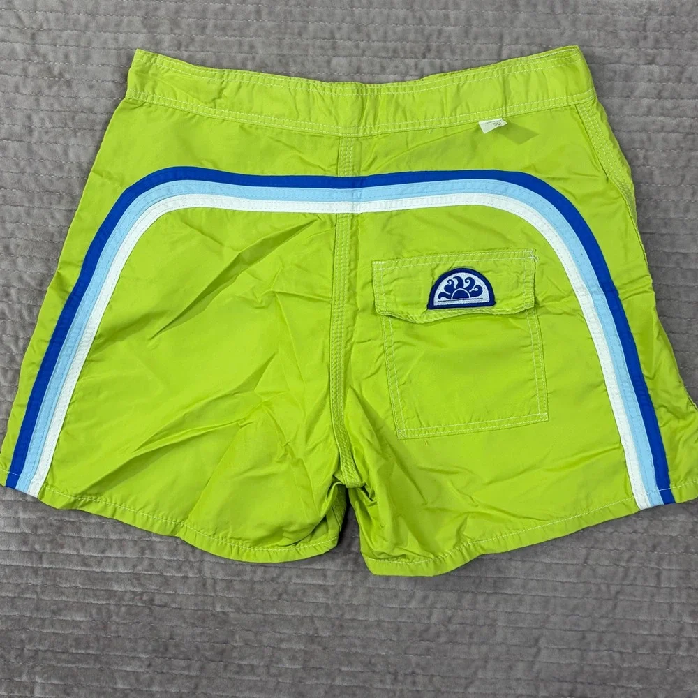 Sundek Mens Lime Green Board Shorts Size 29 Blue Rainbow Stripe Swim Trunks USA